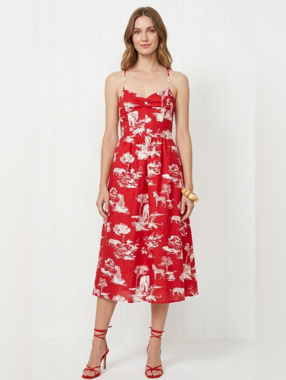 NWT Reformation Pepper in Wildlife Red White Linen Lace-up Back Midi Dress 2